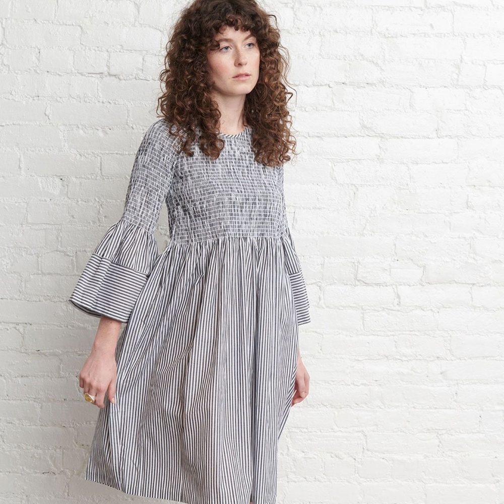 M. Patmos - Gray & White Stripe 100% Cotton Stella 3/4 Bell Sleeve Dress, Size M